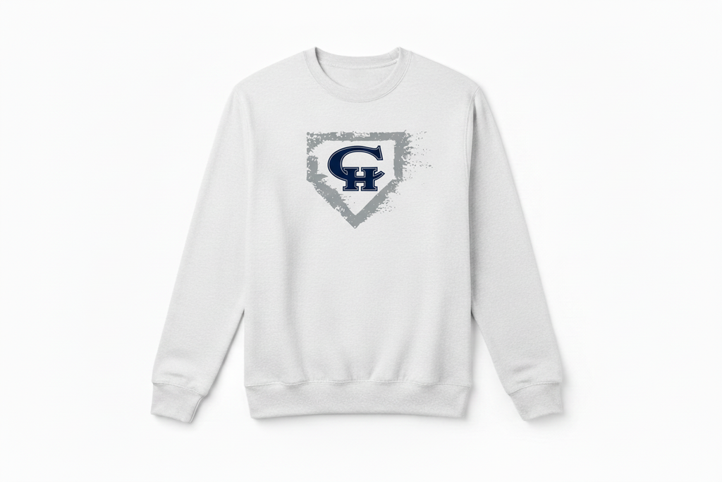 White crewneck sweatshirt with CH Baseball Diamond Distressed logo