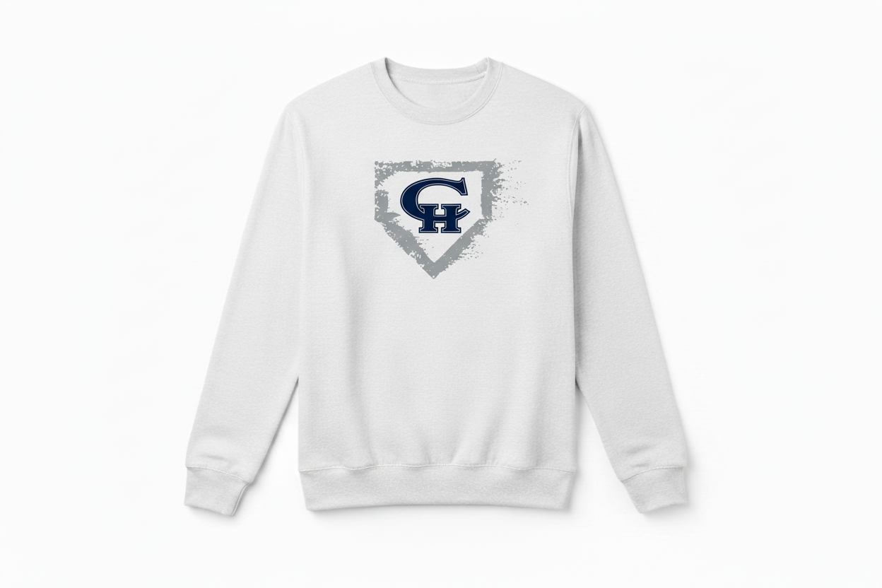 White crewneck sweatshirt with CH Baseball Diamond Distressed logo