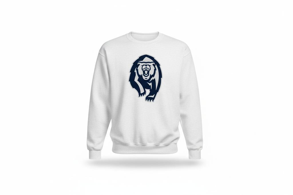 White crewneck sweatshirt with CH Grizzly logo on pure bright white background