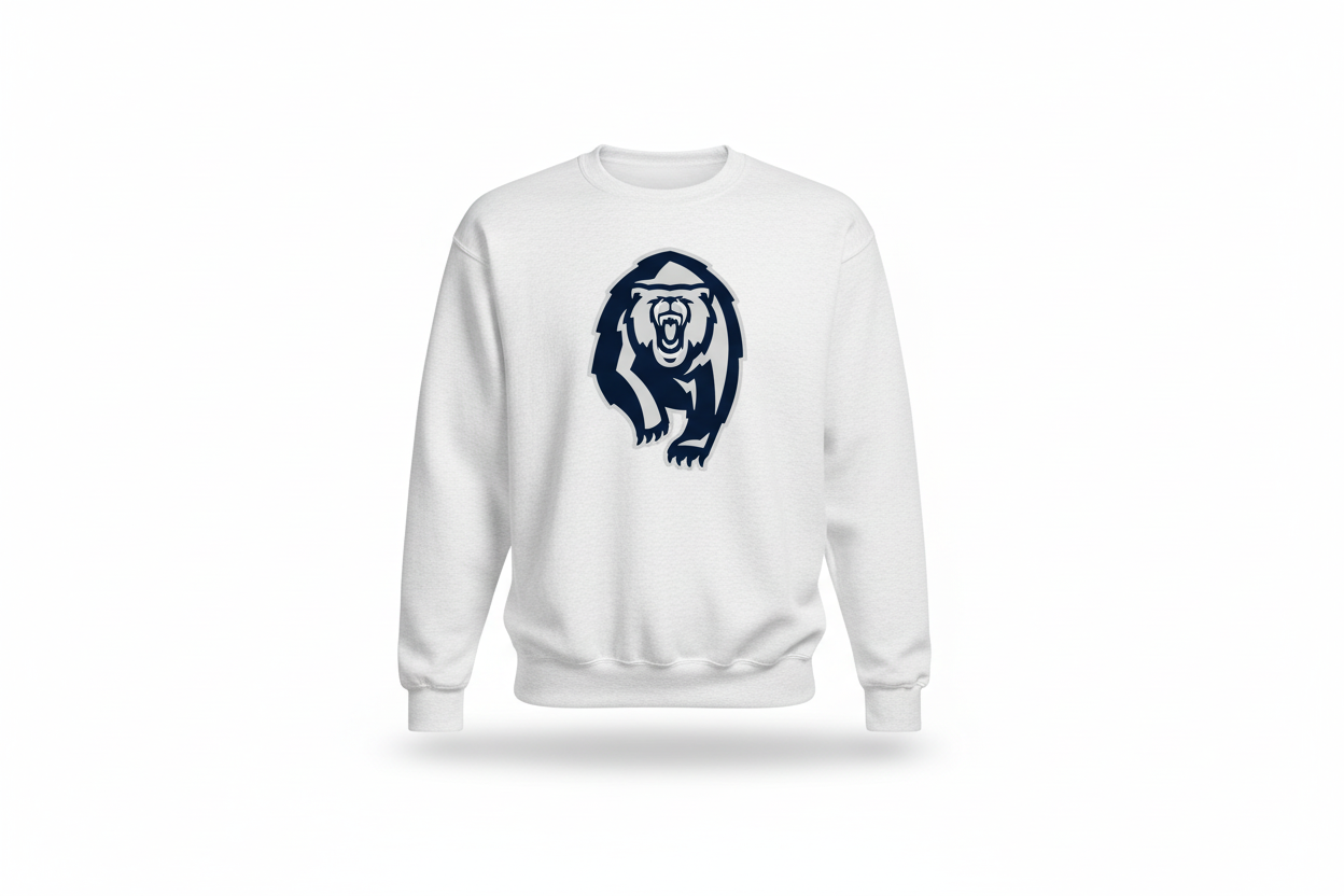 White crewneck sweatshirt with CH Grizzly logo on pure bright white background