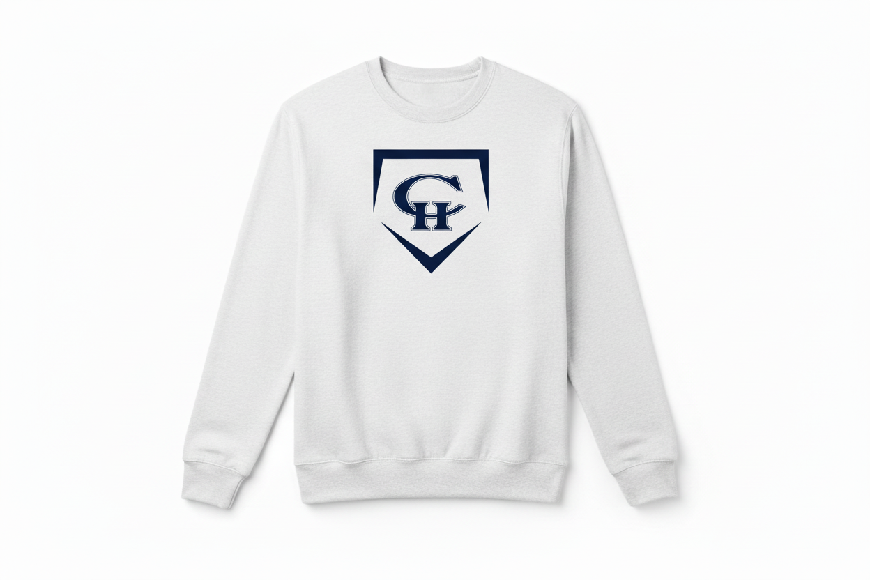 White crewneck sweatshirt with larger navy CH Baseball Diamond logo