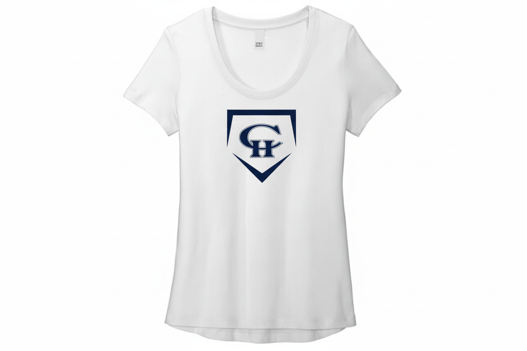 White scoop neck tee with navy CH Baseball Diamond logo